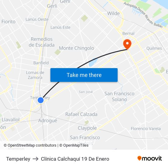 Temperley to Clínica Calchaquí 19 De Enero map