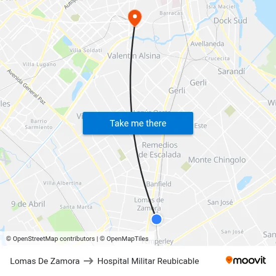 Lomas De Zamora to Hospital Militar Reubicable map