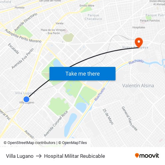 Villa Lugano to Hospital Militar Reubicable map