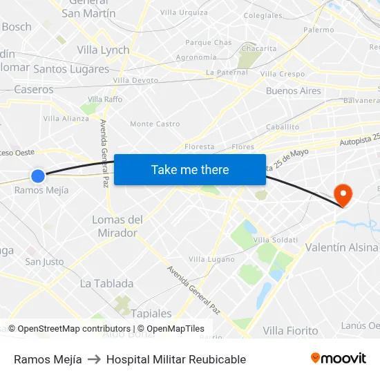 Ramos Mejía to Hospital Militar Reubicable map