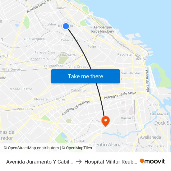 Avenida Juramento Y Cabildo (60) to Hospital Militar Reubicable map