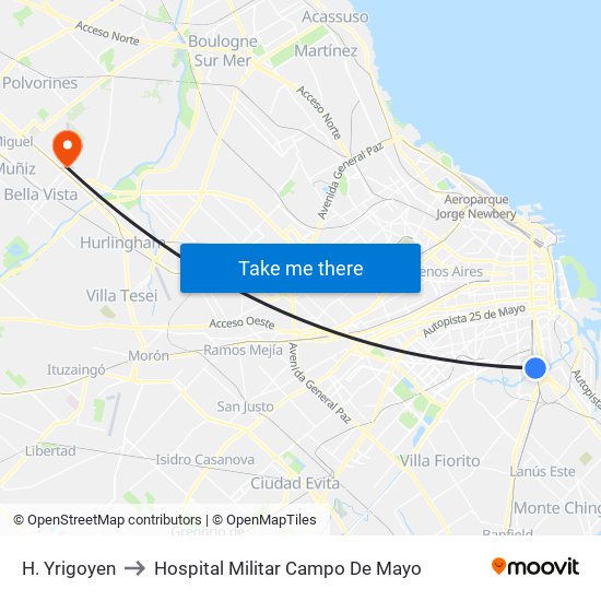H. Yrigoyen to Hospital Militar Campo De Mayo map