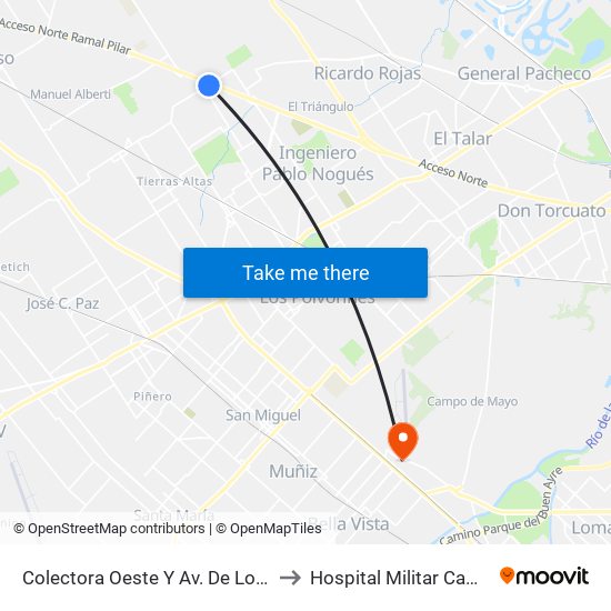 Colectora Oeste Y Av. De Los Constituyentes to Hospital Militar Campo De Mayo map