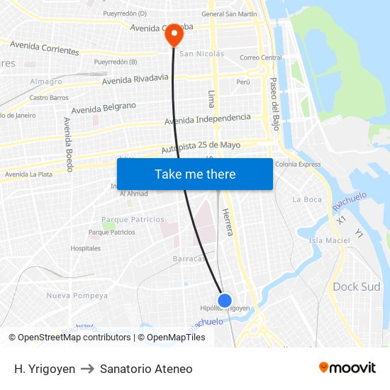 H. Yrigoyen to Sanatorio Ateneo map