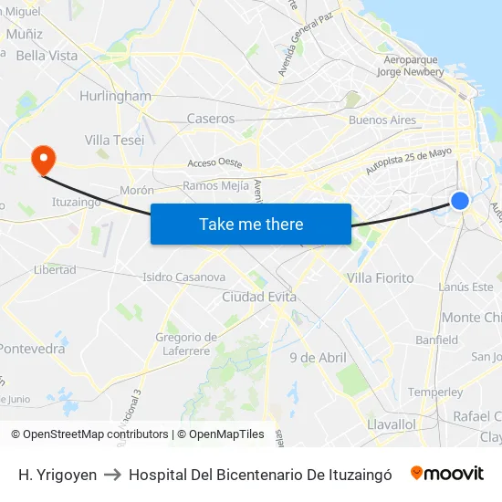 H. Yrigoyen to Hospital Del Bicentenario De Ituzaingó map