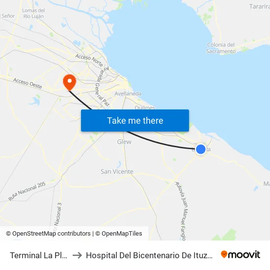 Terminal La Plata to Hospital Del Bicentenario De Ituzaingó map