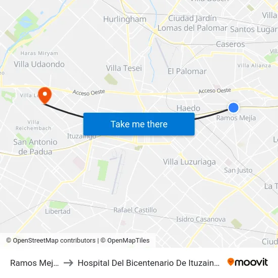 Ramos Mejía to Hospital Del Bicentenario De Ituzaingó map