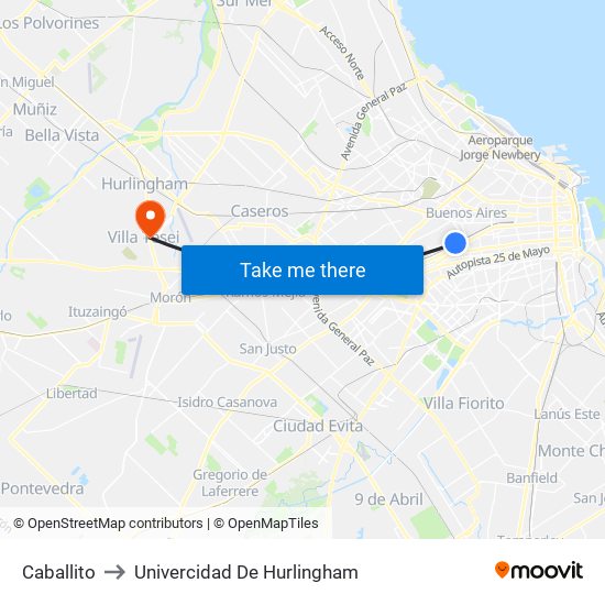Caballito to Univercidad De Hurlingham map