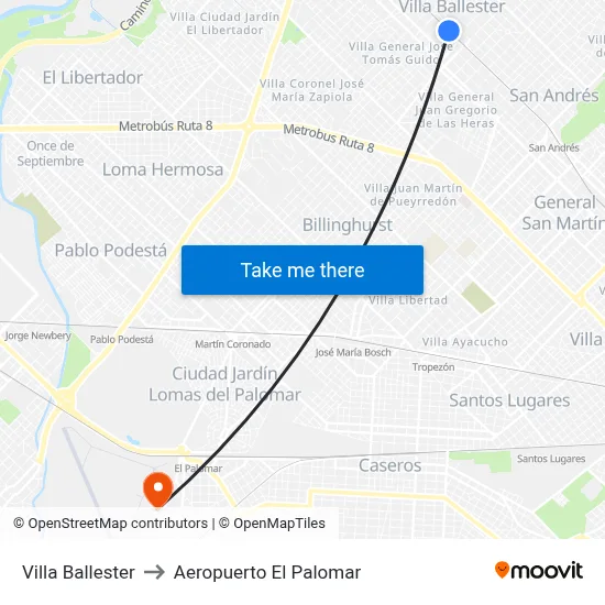 Villa Ballester to Aeropuerto El Palomar map