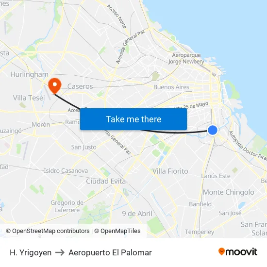 H. Yrigoyen to Aeropuerto El Palomar map