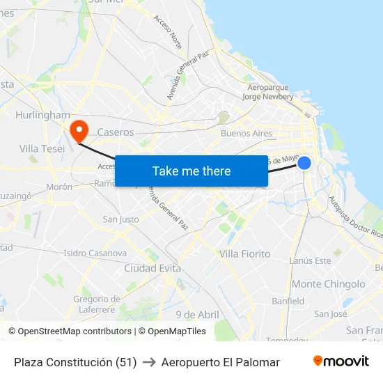 Plaza Constitución (51) to Aeropuerto El Palomar map
