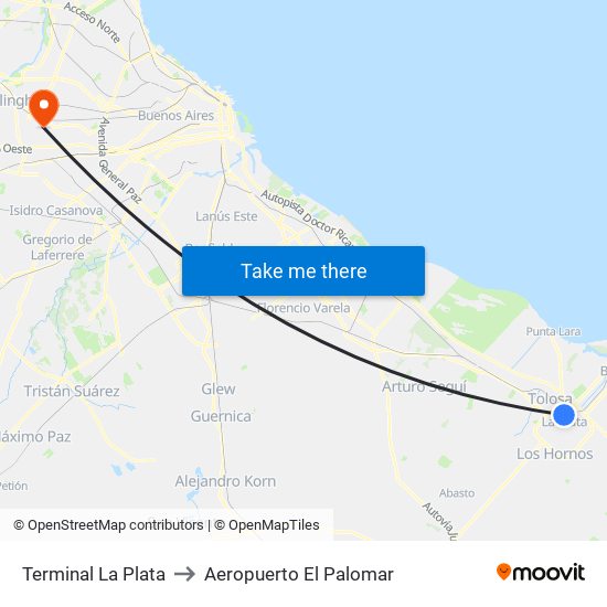 Terminal La Plata to Aeropuerto El Palomar map