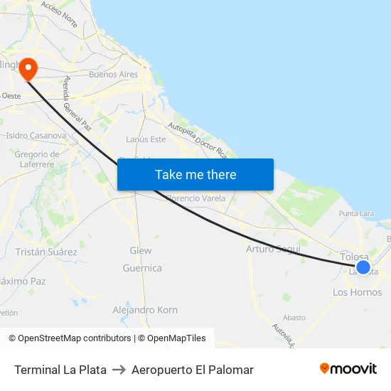 Terminal La Plata to Aeropuerto El Palomar map