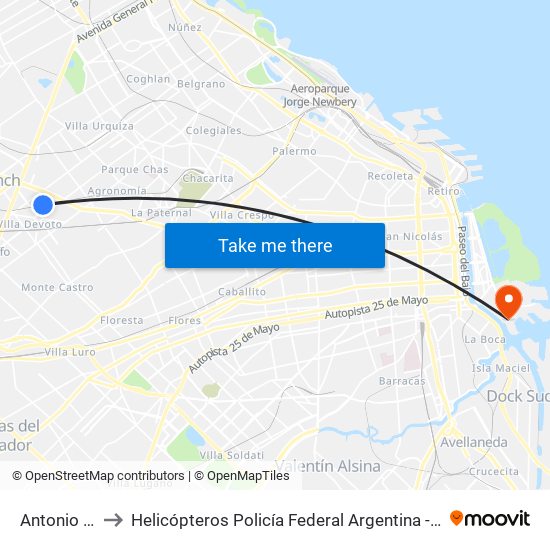 Antonio Devoto to Helicópteros Policía Federal Argentina - Helipuerto Darsena Sur map