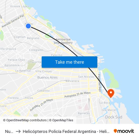 Nuñez to Helicópteros Policía Federal Argentina - Helipuerto Darsena Sur map