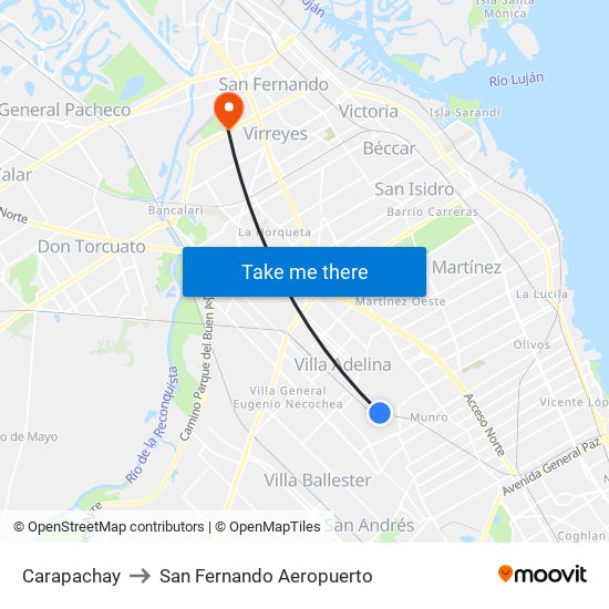 Carapachay to San Fernando Aeropuerto map