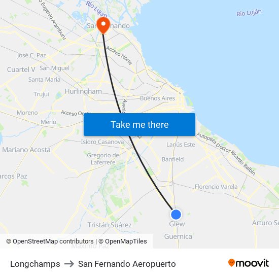 Longchamps to San Fernando Aeropuerto map