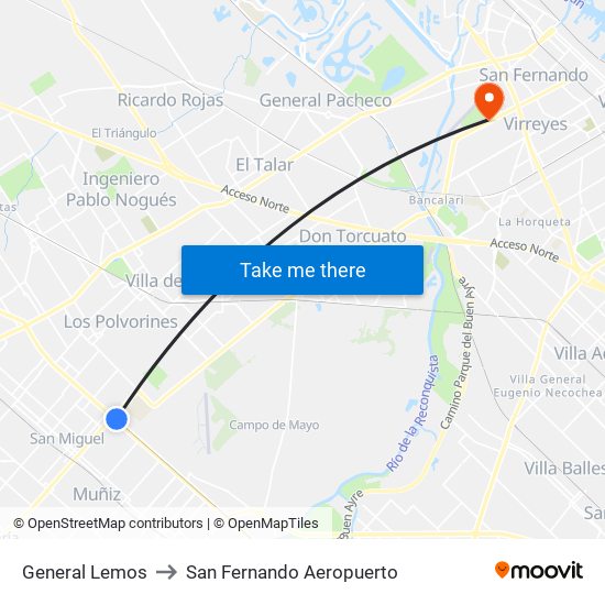 General Lemos to San Fernando Aeropuerto map