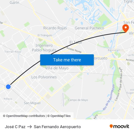 José C Paz to San Fernando Aeropuerto map