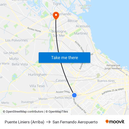 Puente Liniers (Arriba) to San Fernando Aeropuerto map