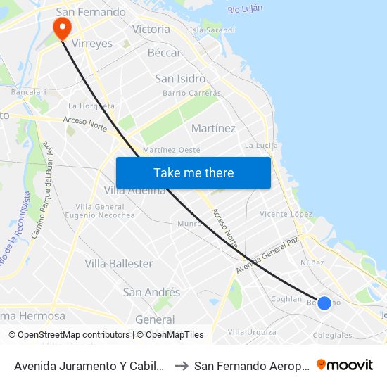Avenida Juramento Y Cabildo (60) to San Fernando Aeropuerto map