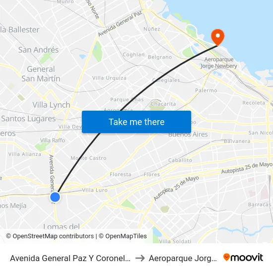 Avenida General Paz Y Coronel Falcón (21 - 28) to Aeroparque Jorge Newbery map