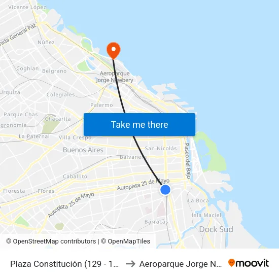 Plaza Constitución (129 - 197) to Aeroparque Jorge Newbery map