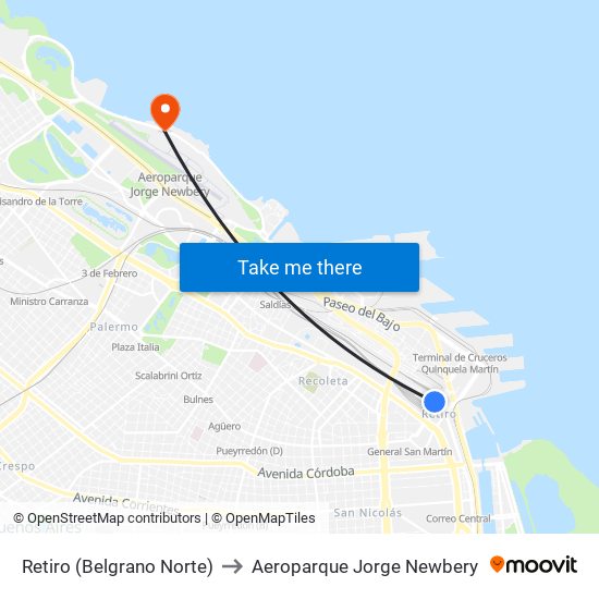 Retiro (Belgrano Norte) to Aeroparque Jorge Newbery map