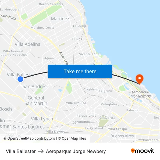 Villa Ballester to Aeroparque Jorge Newbery map
