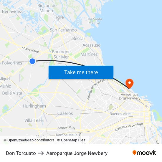 Don Torcuato to Aeroparque Jorge Newbery map