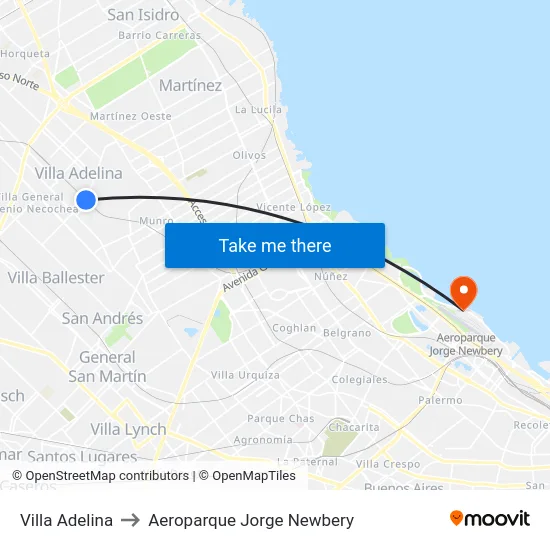 Villa Adelina to Aeroparque Jorge Newbery map