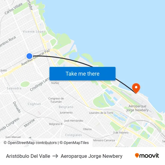 Aristóbulo Del Valle to Aeroparque Jorge Newbery map