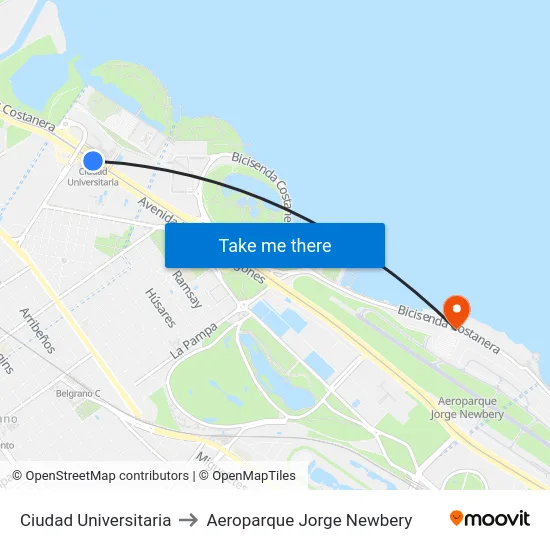 Ciudad Universitaria to Aeroparque Jorge Newbery map