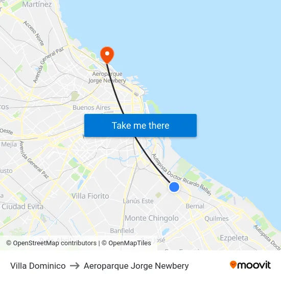 Villa Dominico to Aeroparque Jorge Newbery map