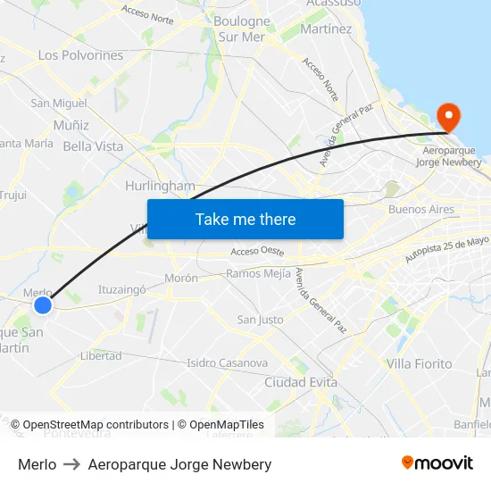 Merlo to Aeroparque Jorge Newbery map