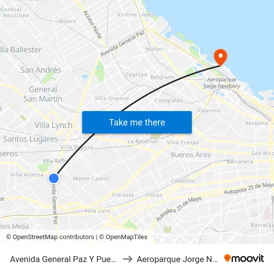Avenida General Paz Y Puente Beiró to Aeroparque Jorge Newbery map