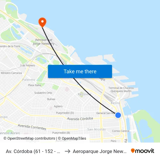 Av. Córdoba (61 - 152 - 197) to Aeroparque Jorge Newbery map