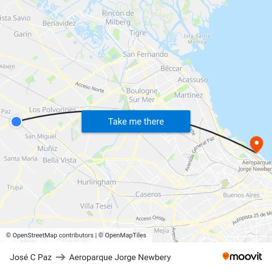 José C Paz to Aeroparque Jorge Newbery map