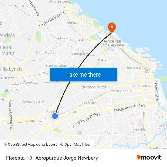 Floresta to Aeroparque Jorge Newbery map