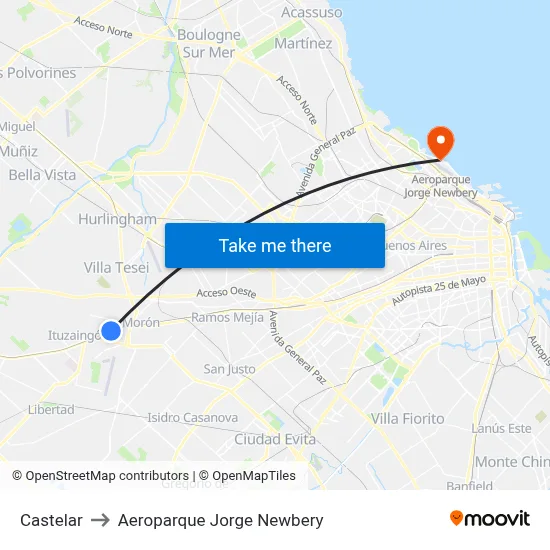 Castelar to Aeroparque Jorge Newbery map