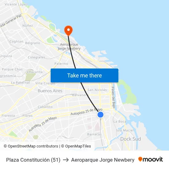 Plaza Constitución (51) to Aeroparque Jorge Newbery map