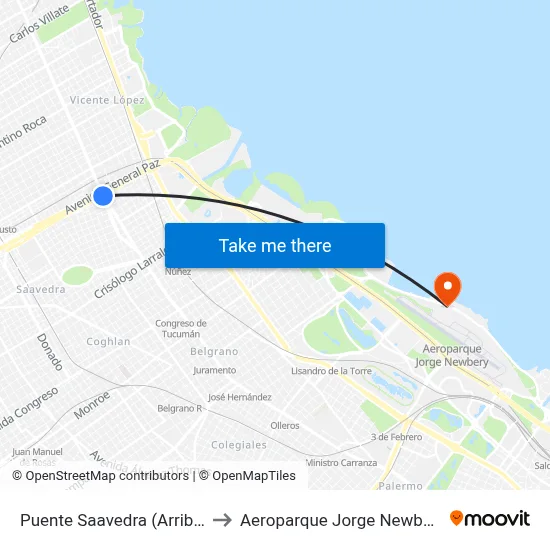 Puente Saavedra (Arriba) to Aeroparque Jorge Newbery map