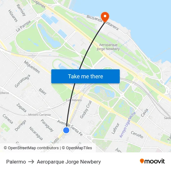Palermo to Aeroparque Jorge Newbery map