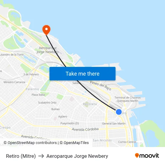 Retiro (Mitre) to Aeroparque Jorge Newbery map