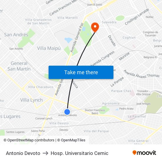 Antonio Devoto to Hosp. Universitario Cemic map