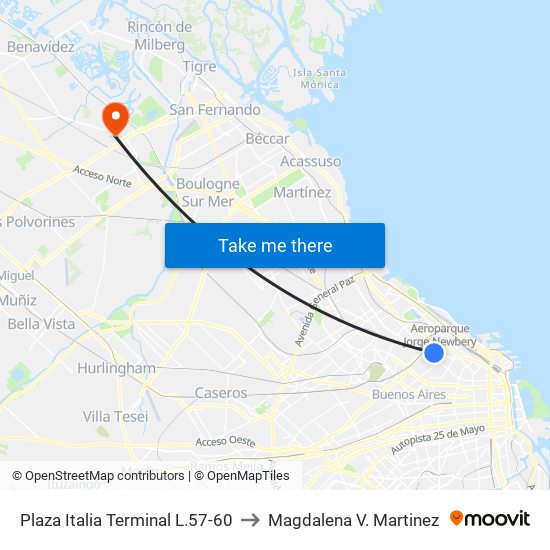 Plaza Italia Terminal L.57-60 to Magdalena V. Martinez map