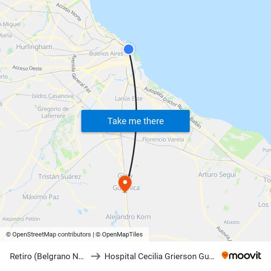 Retiro (Belgrano Norte) to Hospital Cecilia Grierson Guernica map