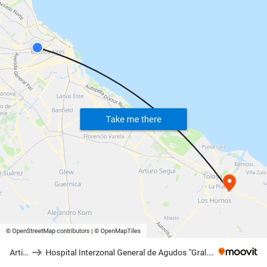 Artigas to Hospital Interzonal General de Agudos "Gral. José de San Martín" map