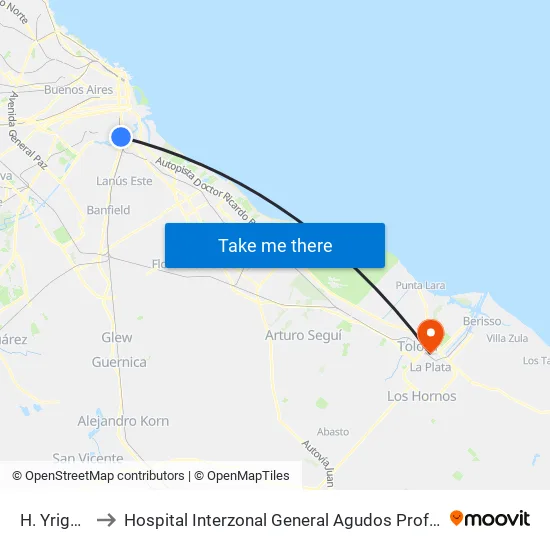 H. Yrigoyen to Hospital Interzonal General Agudos Prof. Dr. R. Rossi map