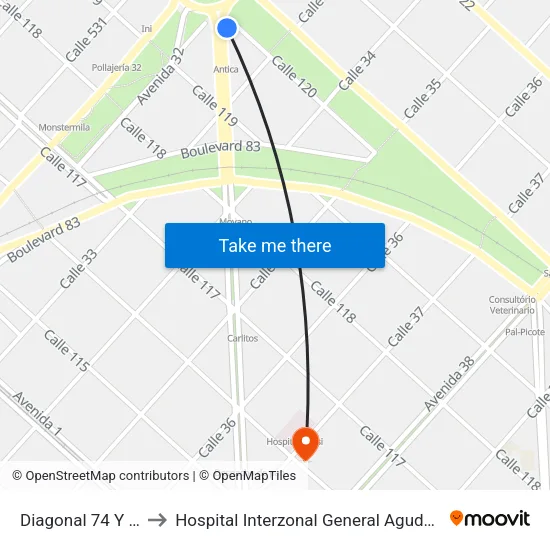 Diagonal 74 Y Calle 120 to Hospital Interzonal General Agudos Prof. Dr. R. Rossi map